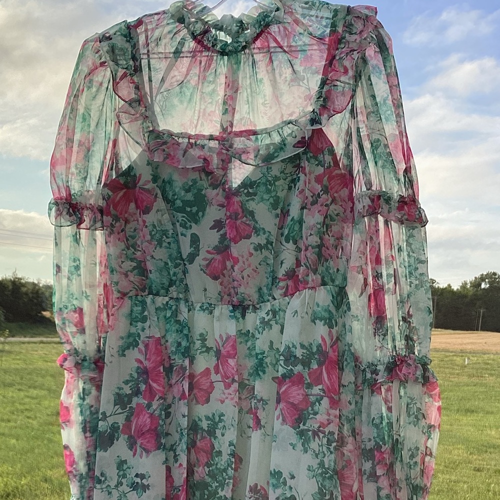 Mac Duggal Pink & Green Floral Ruffle Mini Dress - Picture 4 of 16